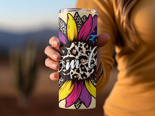 Colorful Leopard Print Floral Tumbler with Handwritten Script