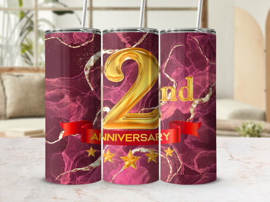 Burgundy tumbler with gold 2nd anniversary text and stars.