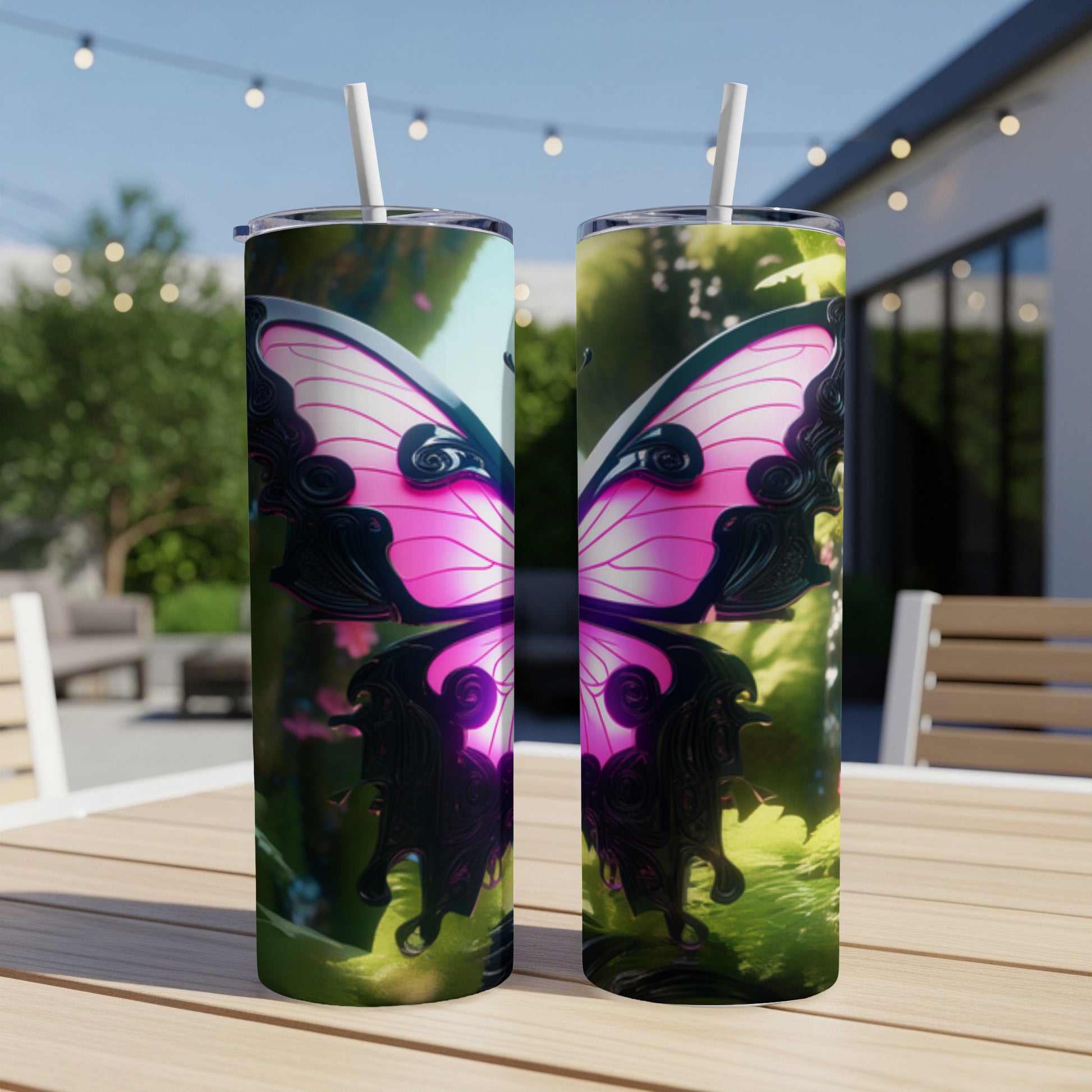 Two tumblers with a pink butterfly wing design on an outdoor table.