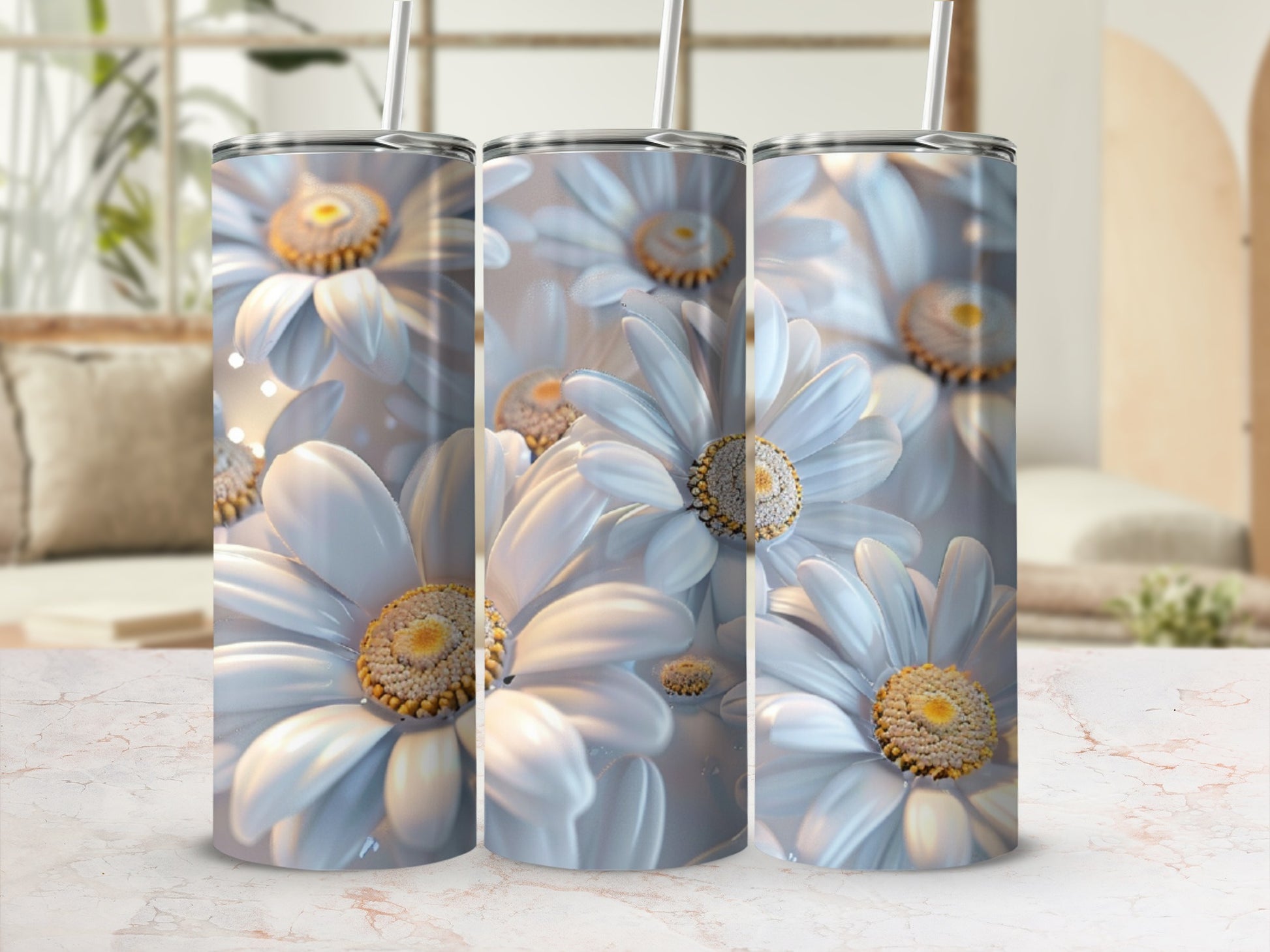Three tumblers featuring a close-up, repeating pattern of white daisies.