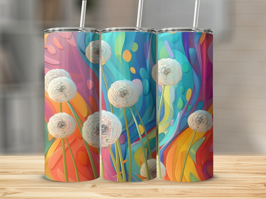 Three tumblers with colorful abstract background and dandelion designs.