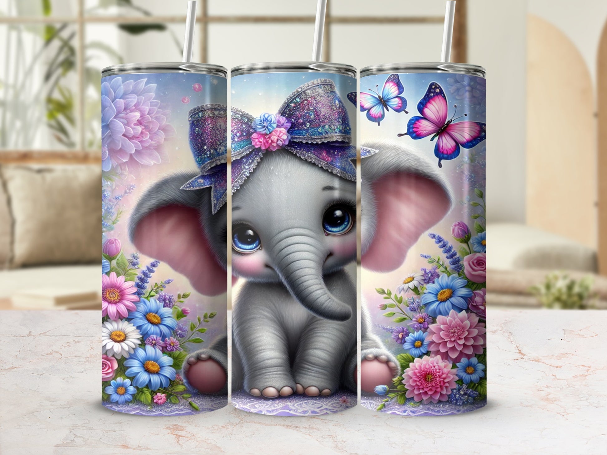 Cute Baby Elephant with Flowers and Butterflies Tumbler