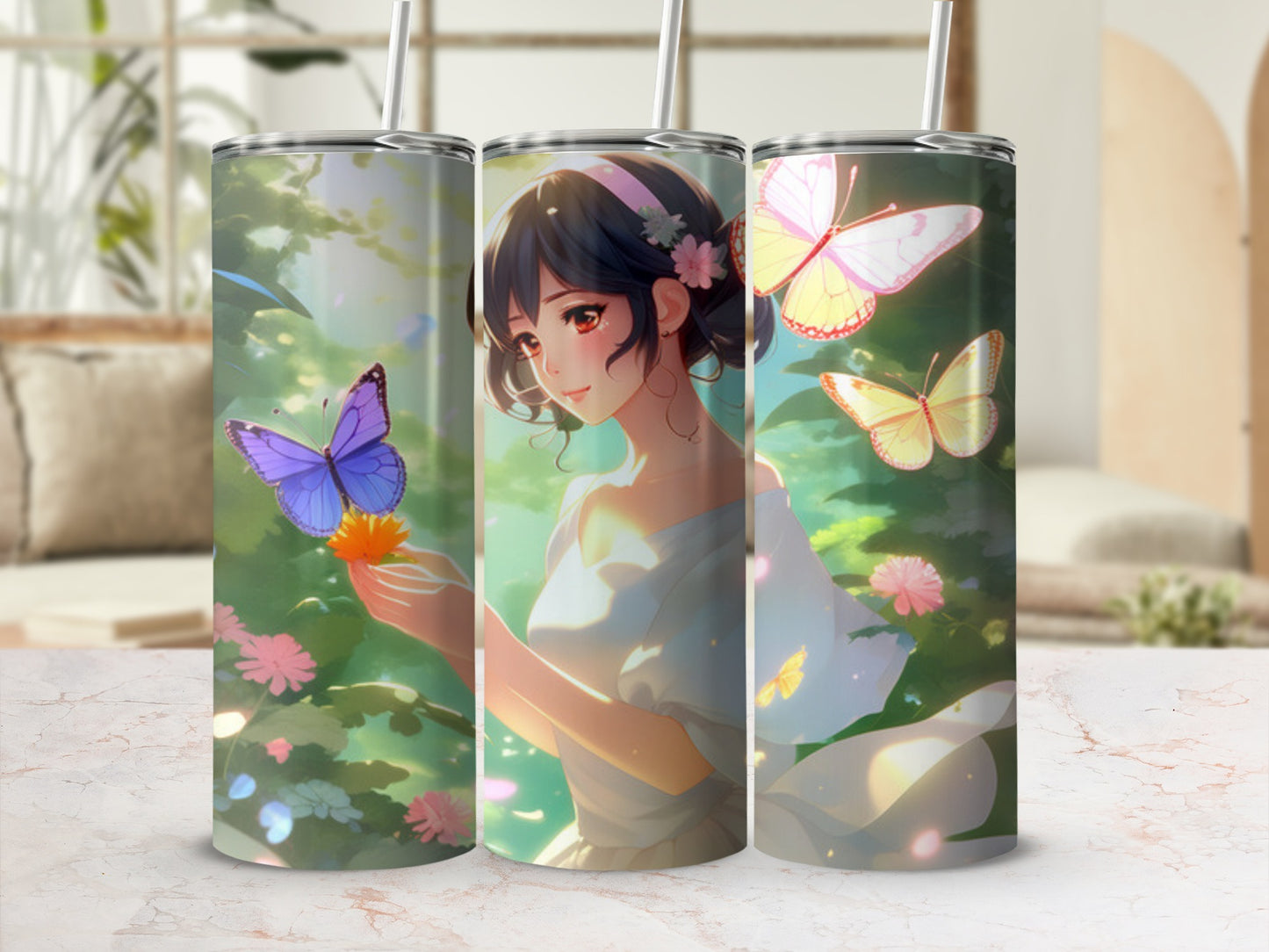 Anime girl in white dress holding flower with butterflies and flowers.