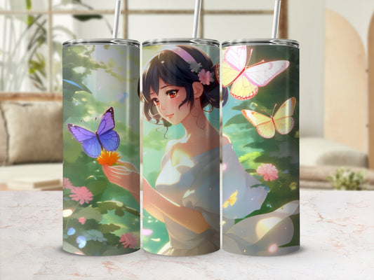Anime girl in white dress holding flower with butterflies and flowers.