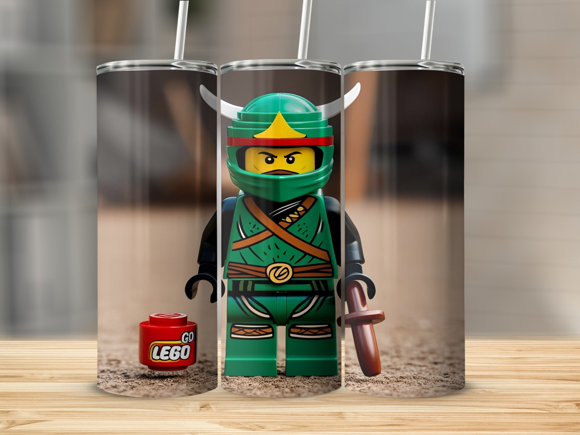 Green Lego ninja with sword and "GO LEGO" brick on wooden surface.