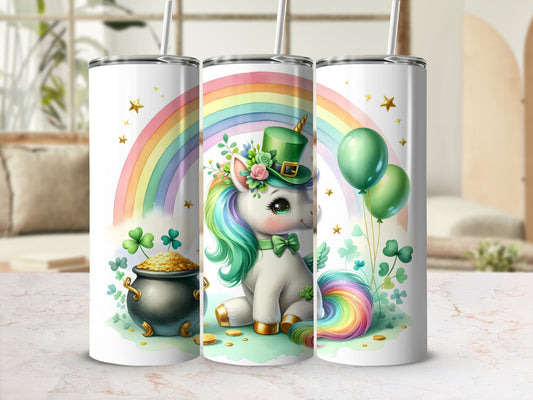 St. Patrick's Day unicorn with rainbow, pot of gold, and shamrocks.