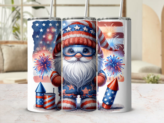 Gnome in patriotic overalls with fireworks and rockets, on a tumbler.
