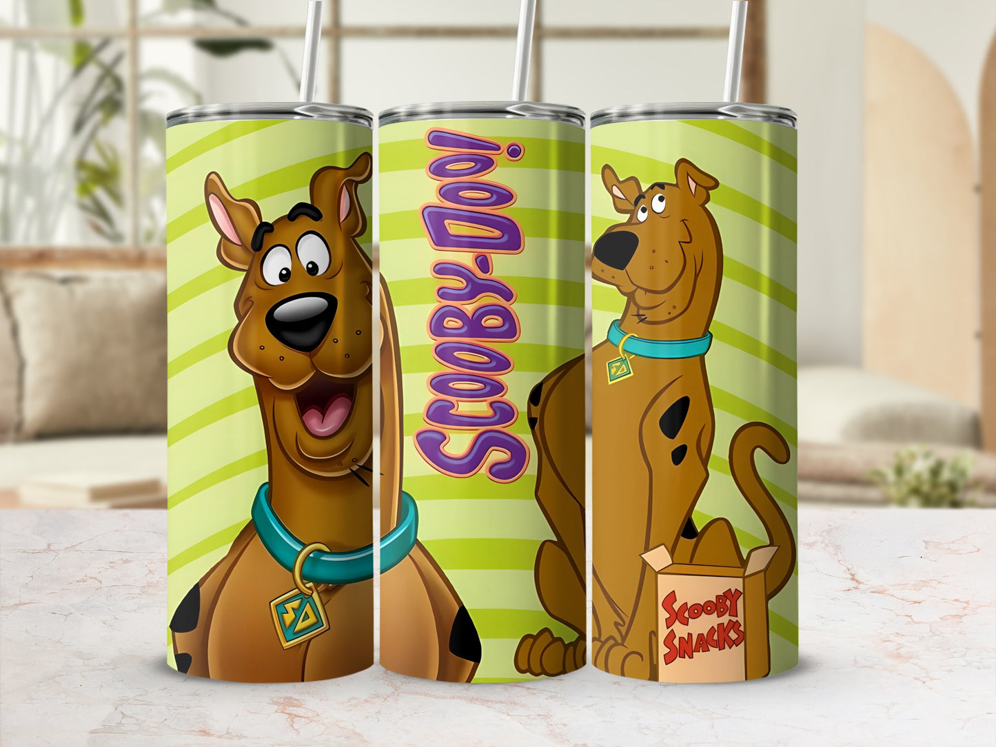 Scooby-Doo character and "Scooby Snacks" text on three tall, patterned tumblers.