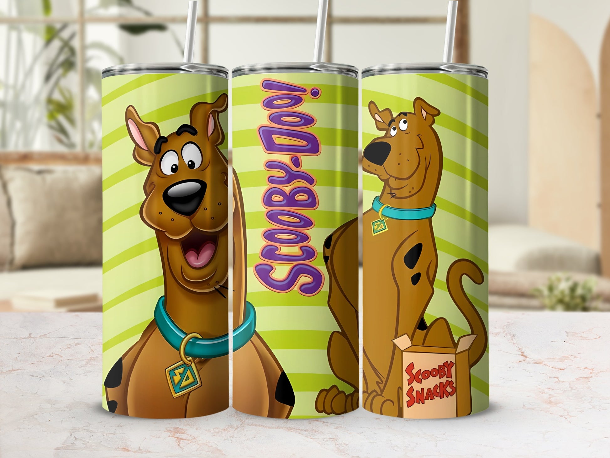 Scooby-Doo character and "Scooby Snacks" text on three tall, patterned tumblers.