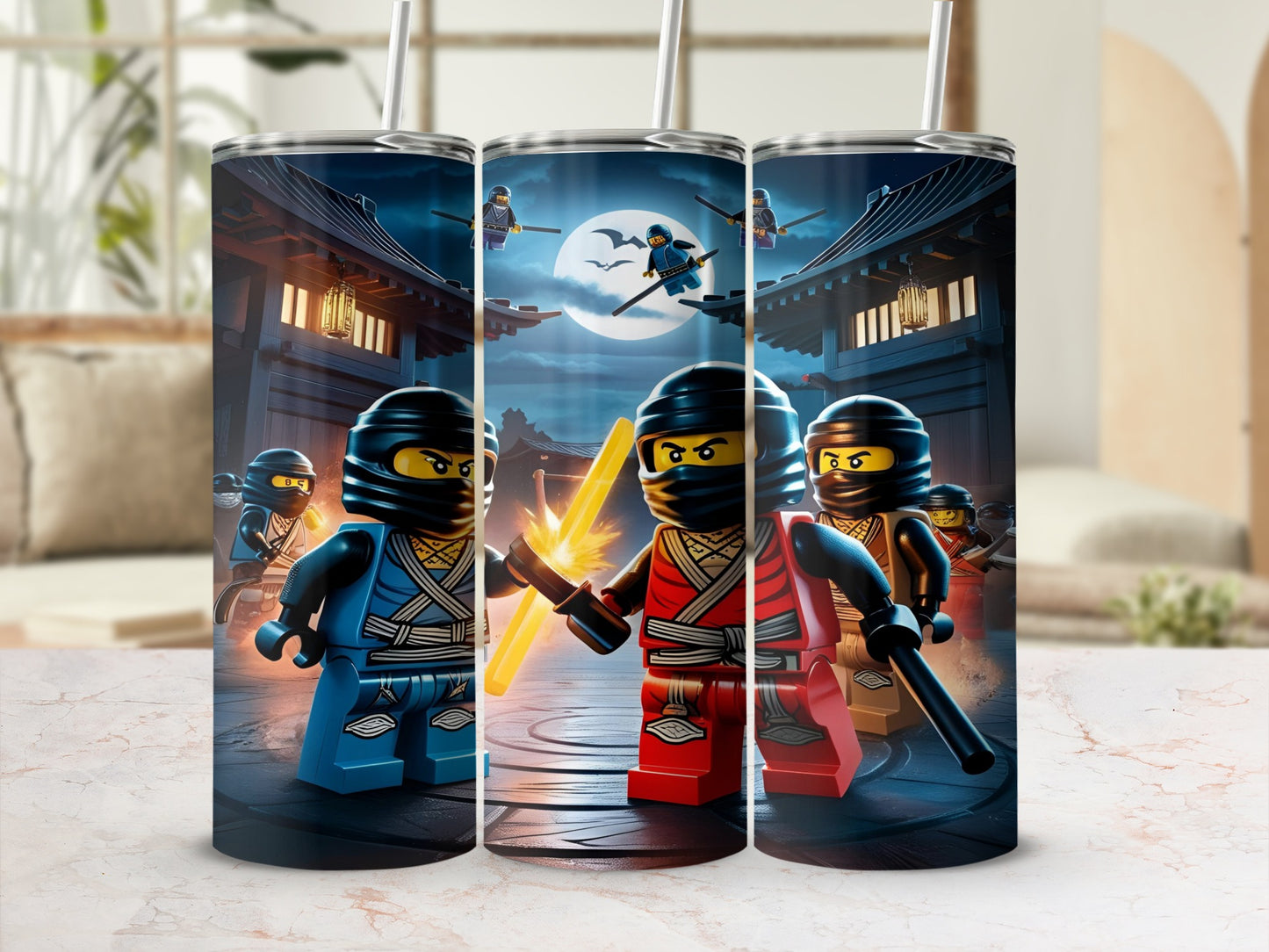 LEGO Ninjago characters in action with swords on a nighttime stage.