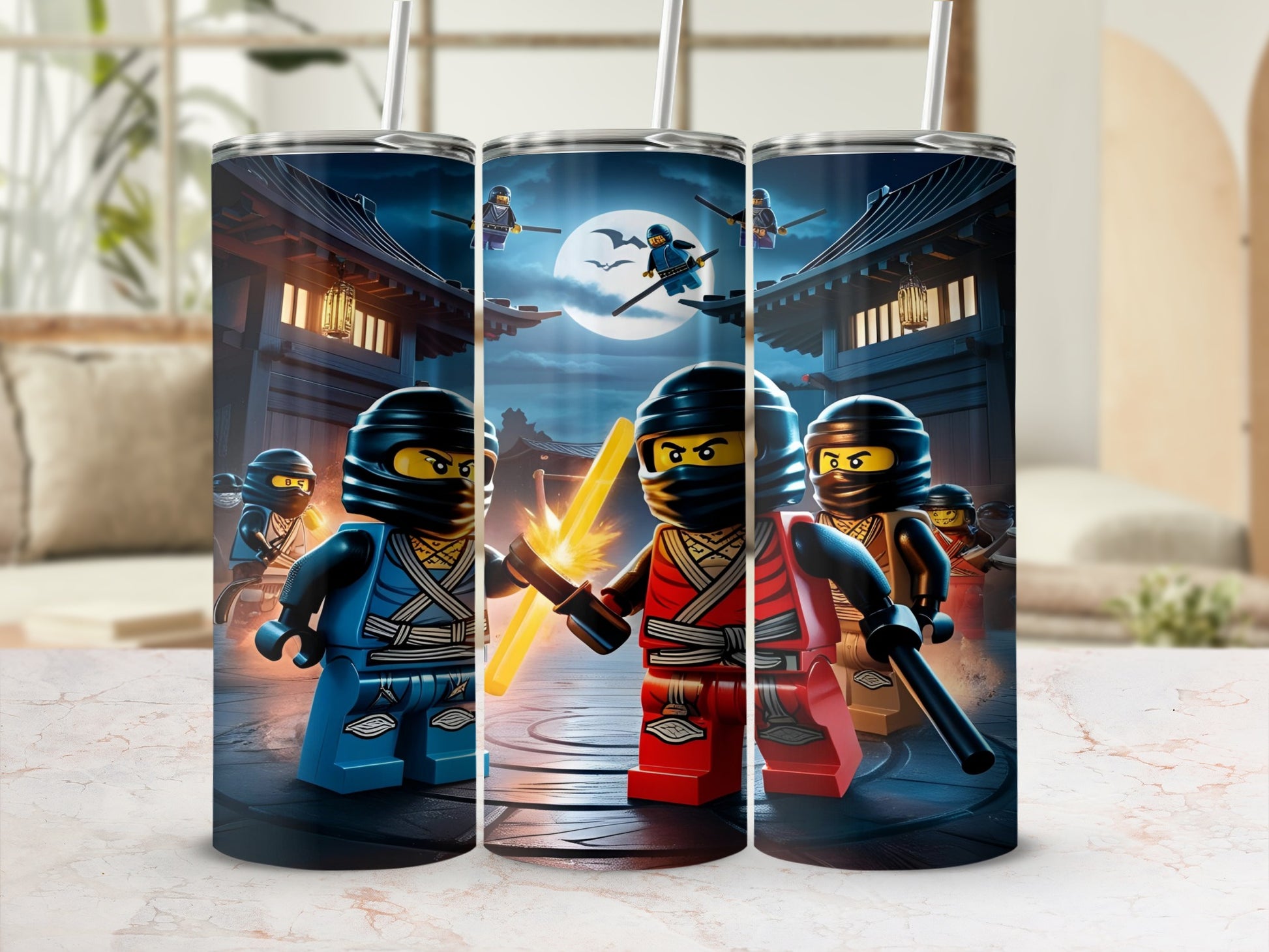 LEGO Ninjago characters in action with swords on a nighttime stage.