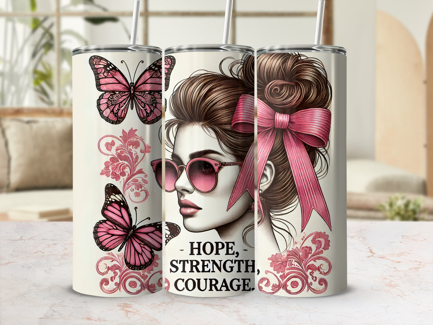 Tumbler with pink butterflies, woman in sunglasses, and text HOPE, STRENGTH, COURAGE.