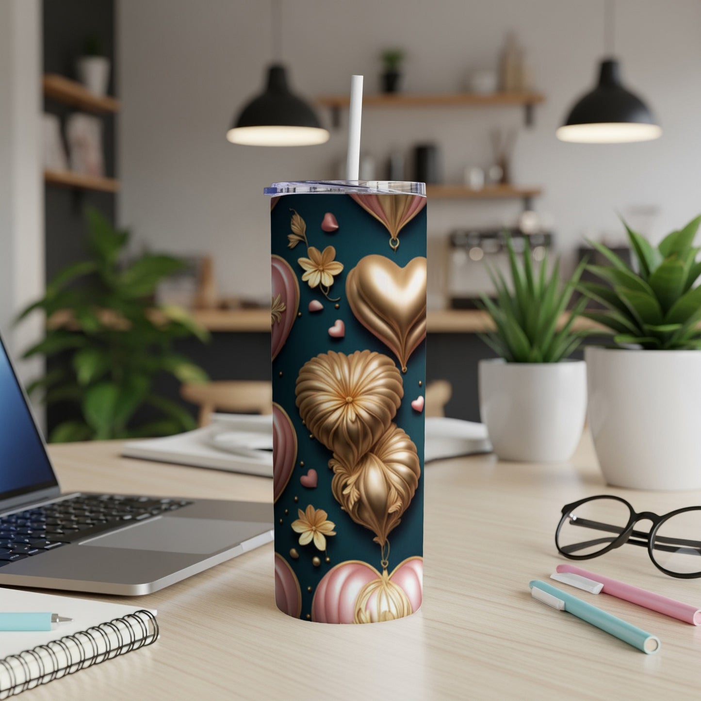 Dark teal tumbler with gold and pink heart-shaped balloons and floral accents.