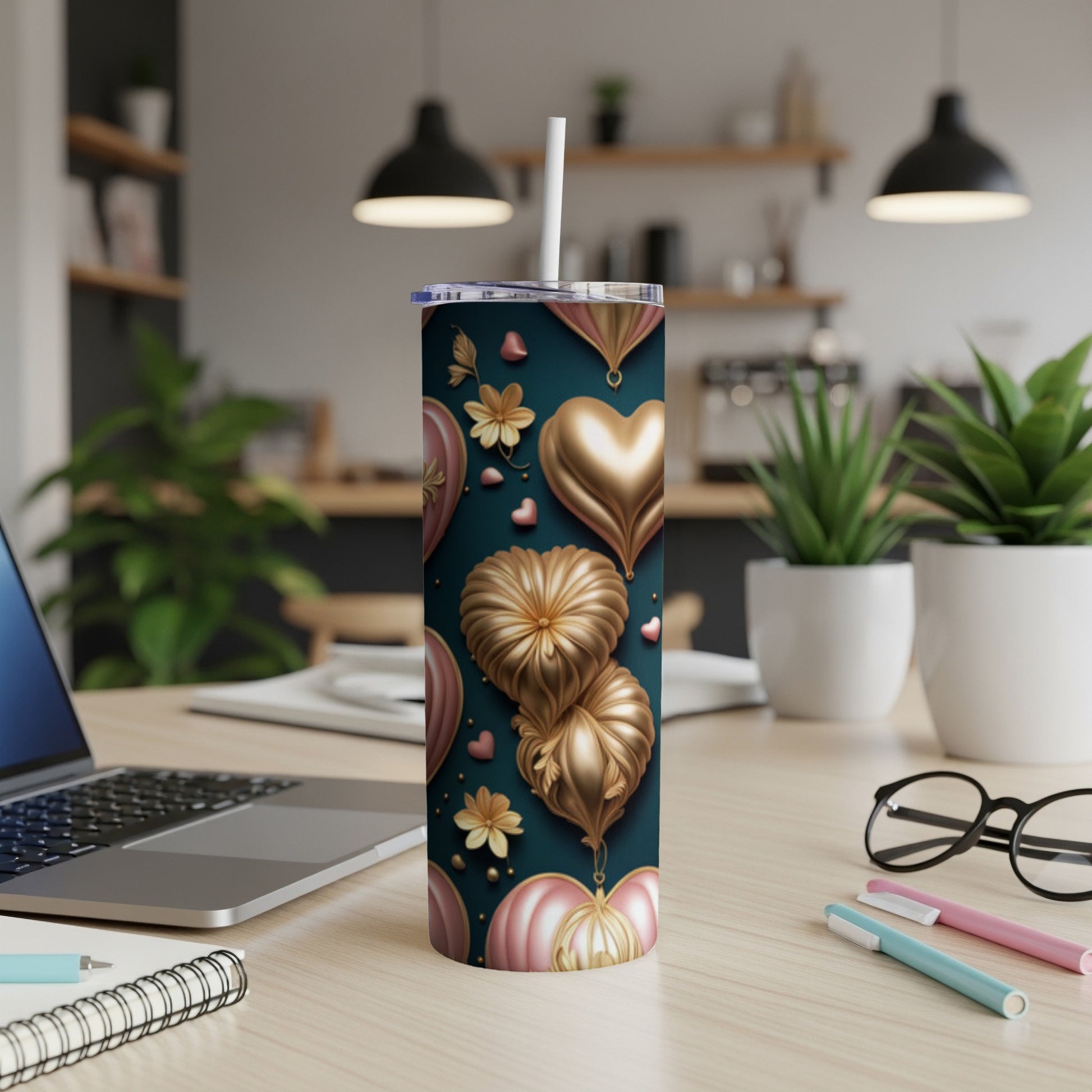 Dark teal tumbler with gold and pink heart-shaped balloons and floral accents.