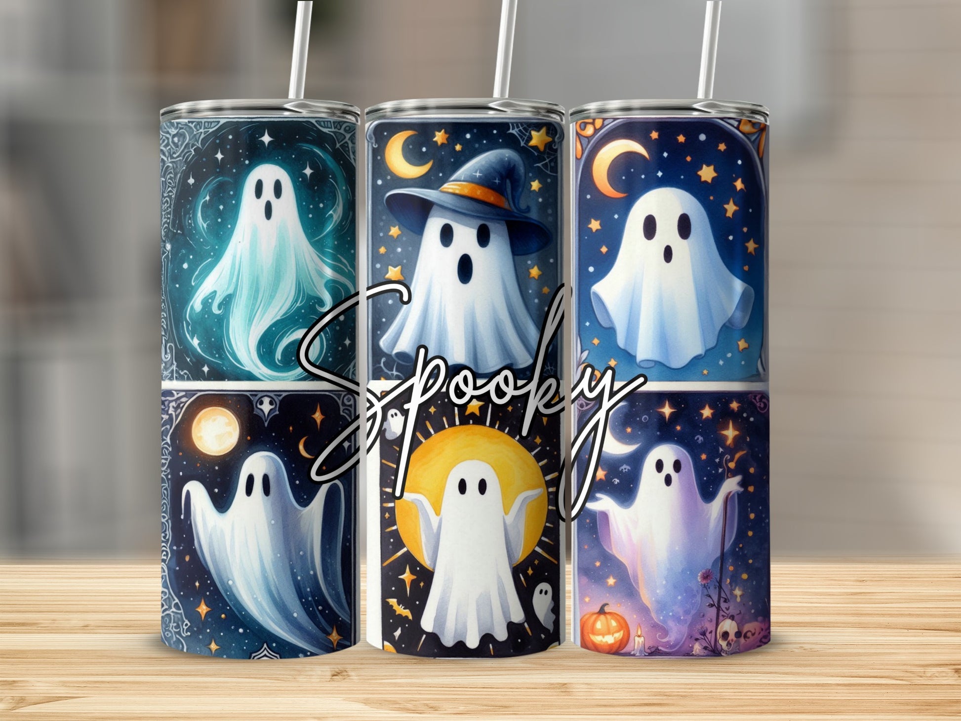 Three tumblers with Halloween ghost designs and the word "Spooky".