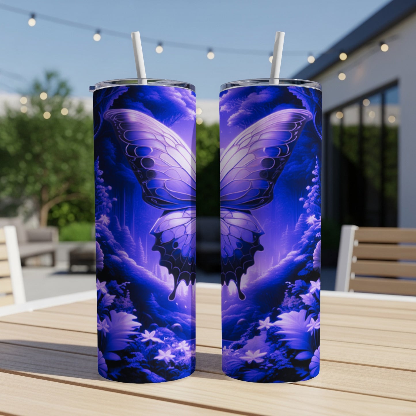 Two purple iridescent tumblers with a butterfly design on a wooden table.