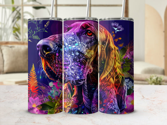 Vibrant dog portrait with colorful floral and cosmic accents.