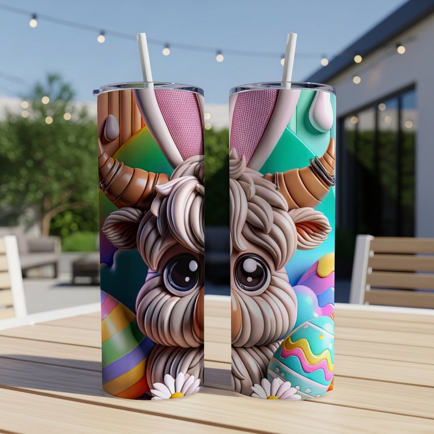 Easter Highland cow tumbler with bunny ears and colorful eggs.