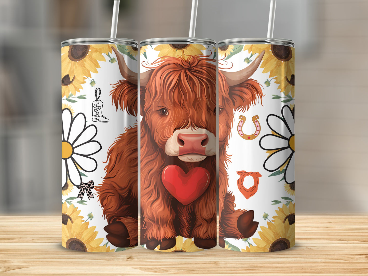 Adorable Highland Cow and Sunflower Design Tumbler