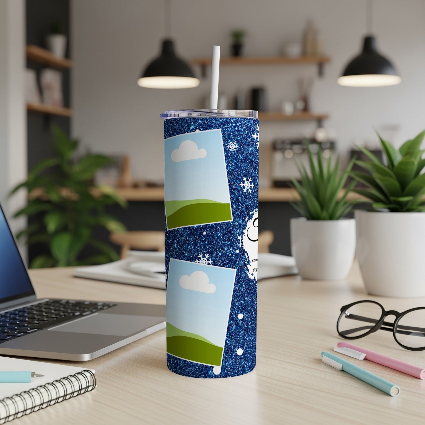 Blue glitter tumbler with two photo placeholders and snowflakes.