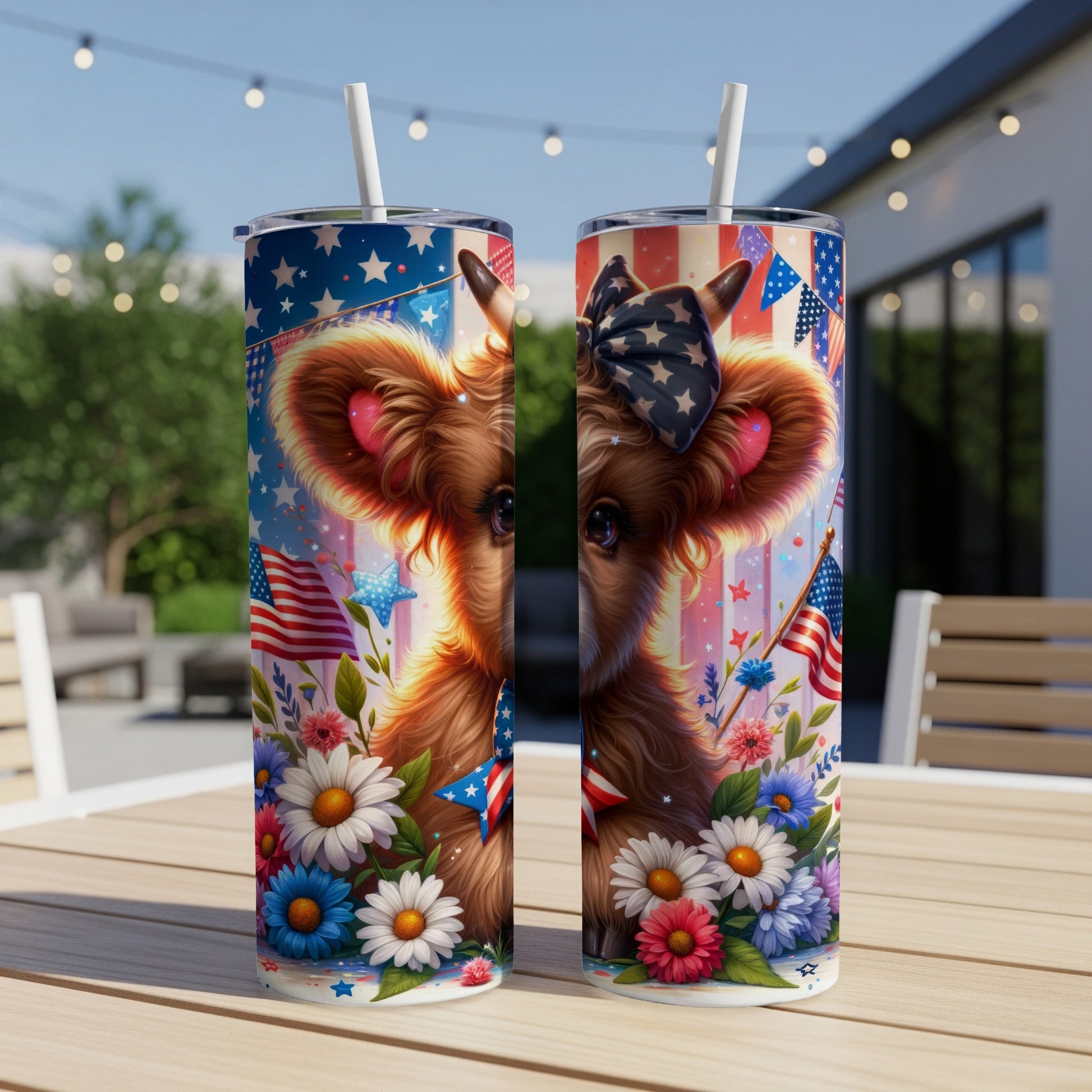 Cow wearing bow and bandana with patriotic flowers and flags.
