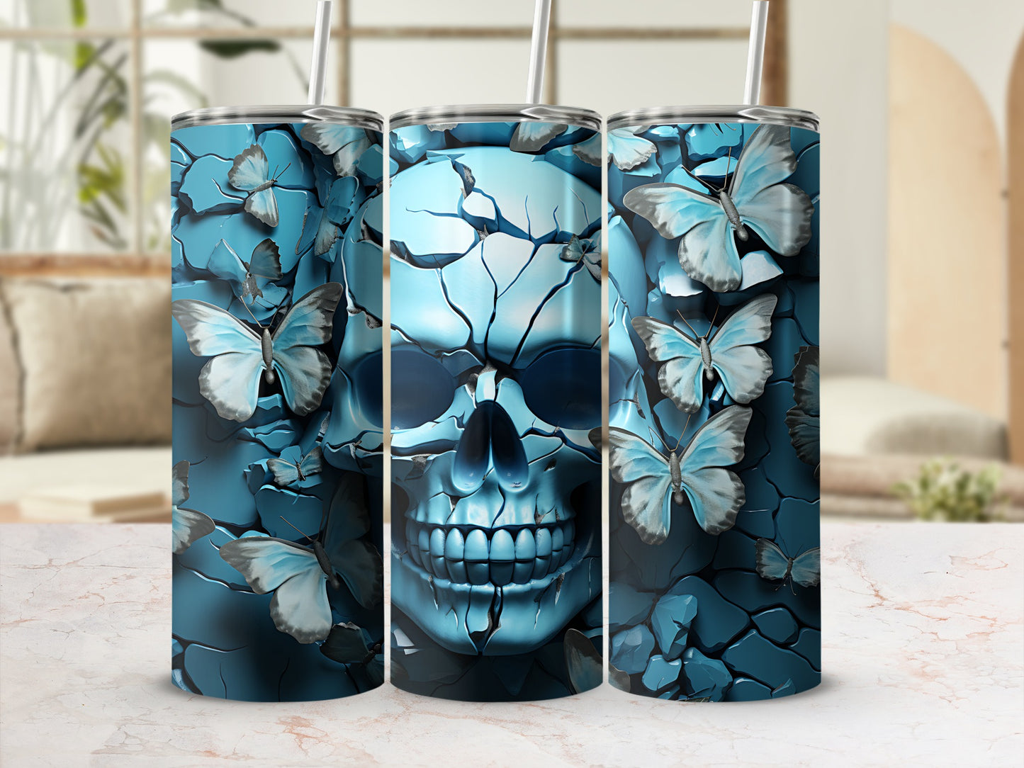 Blue skull and butterfly tumbler wrap with cracked texture.