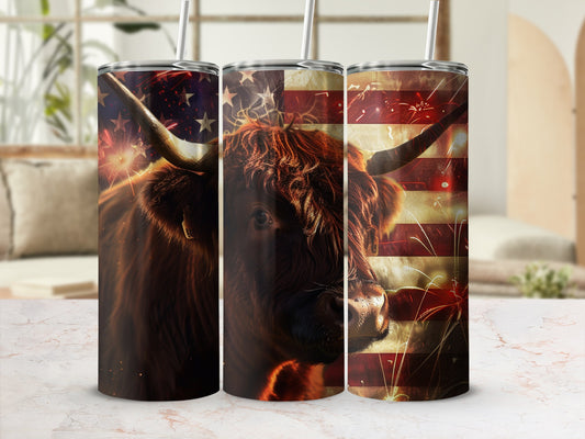 Highland cow with American flag and fireworks design on three tumblers.