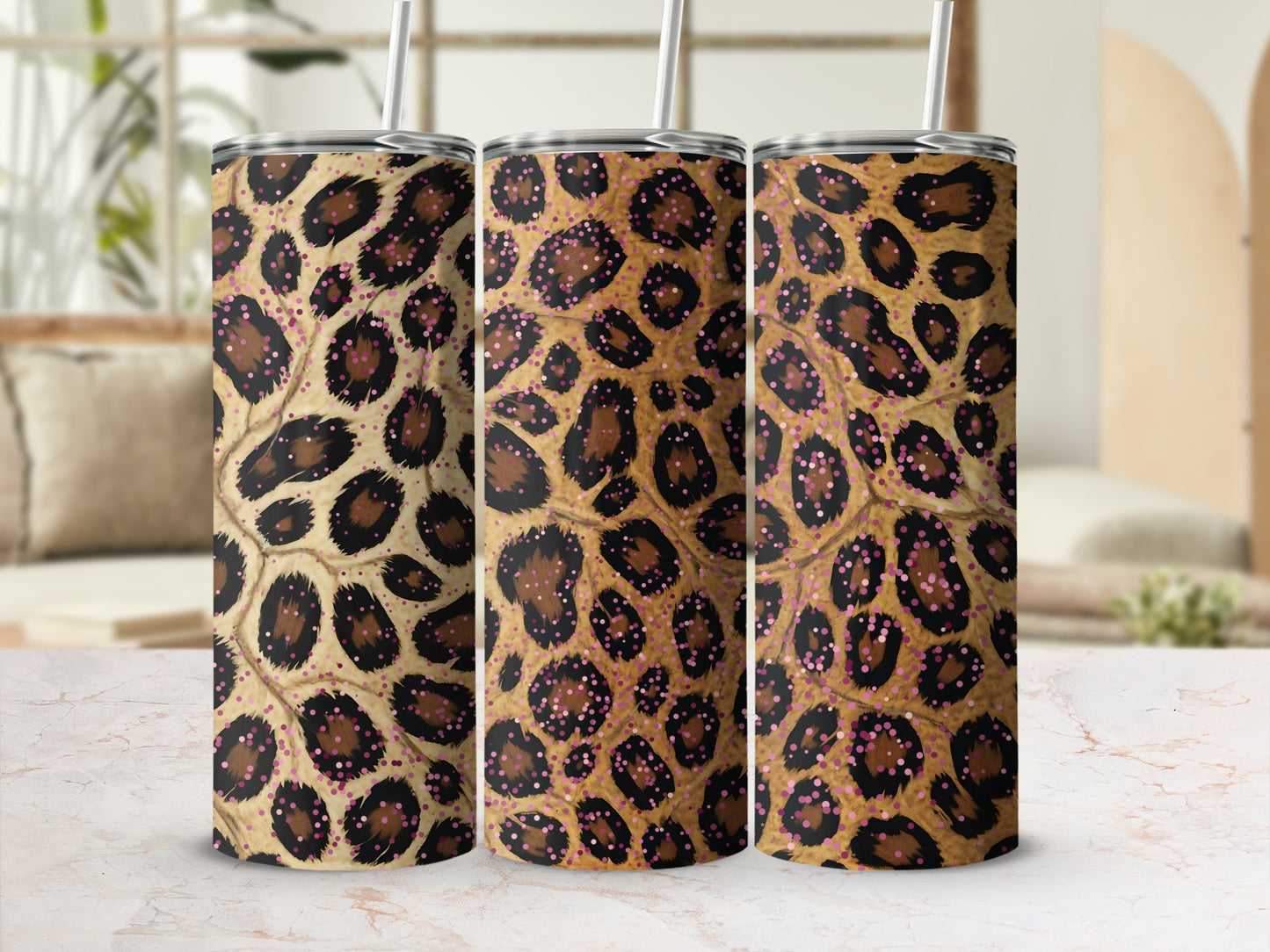 Leopard Print Tumbler With Straw for Cold Beverages