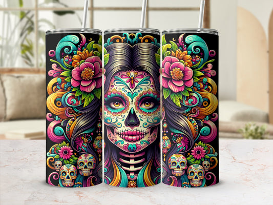 Sugar skull design on three tumblers with floral and skull accents.