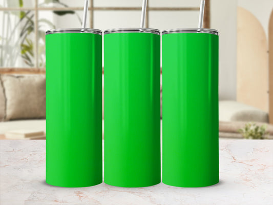 Three tall, green tumblers with straws stand in a row.