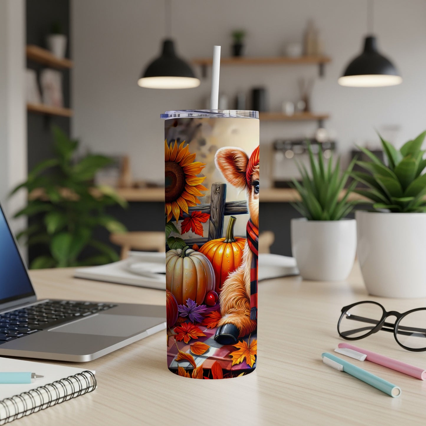 Fall-themed tumbler with a cow, sunflowers, pumpkins, and leaves.