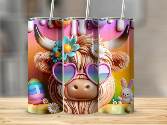 Highland cow with heart sunglasses and Easter egg, digital art.