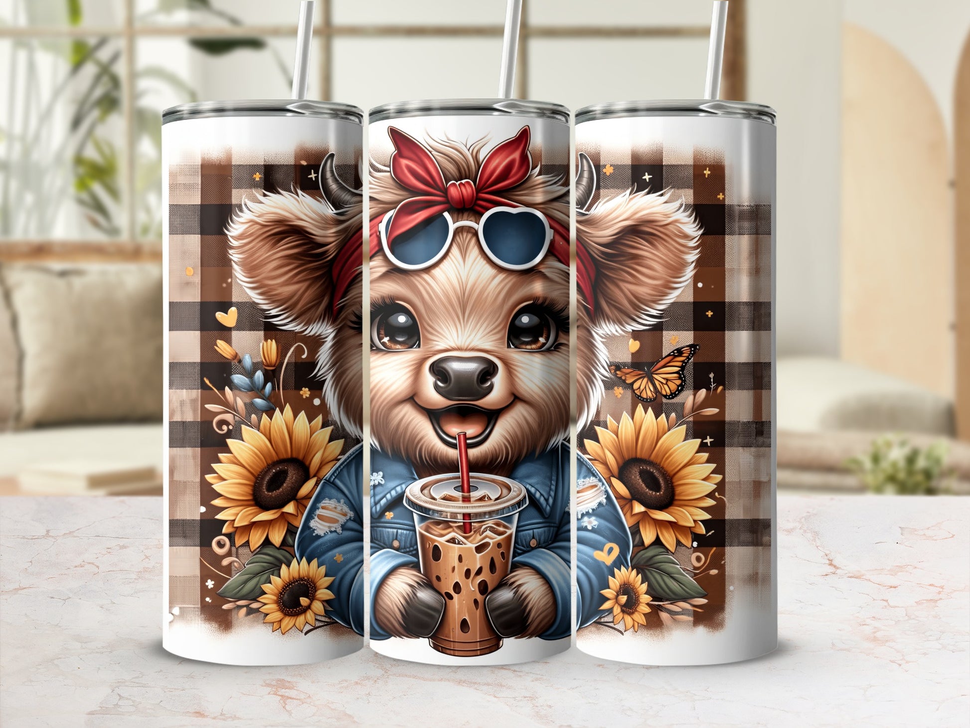 Cute cow with sunglasses and sunflowers holding a coffee cup.