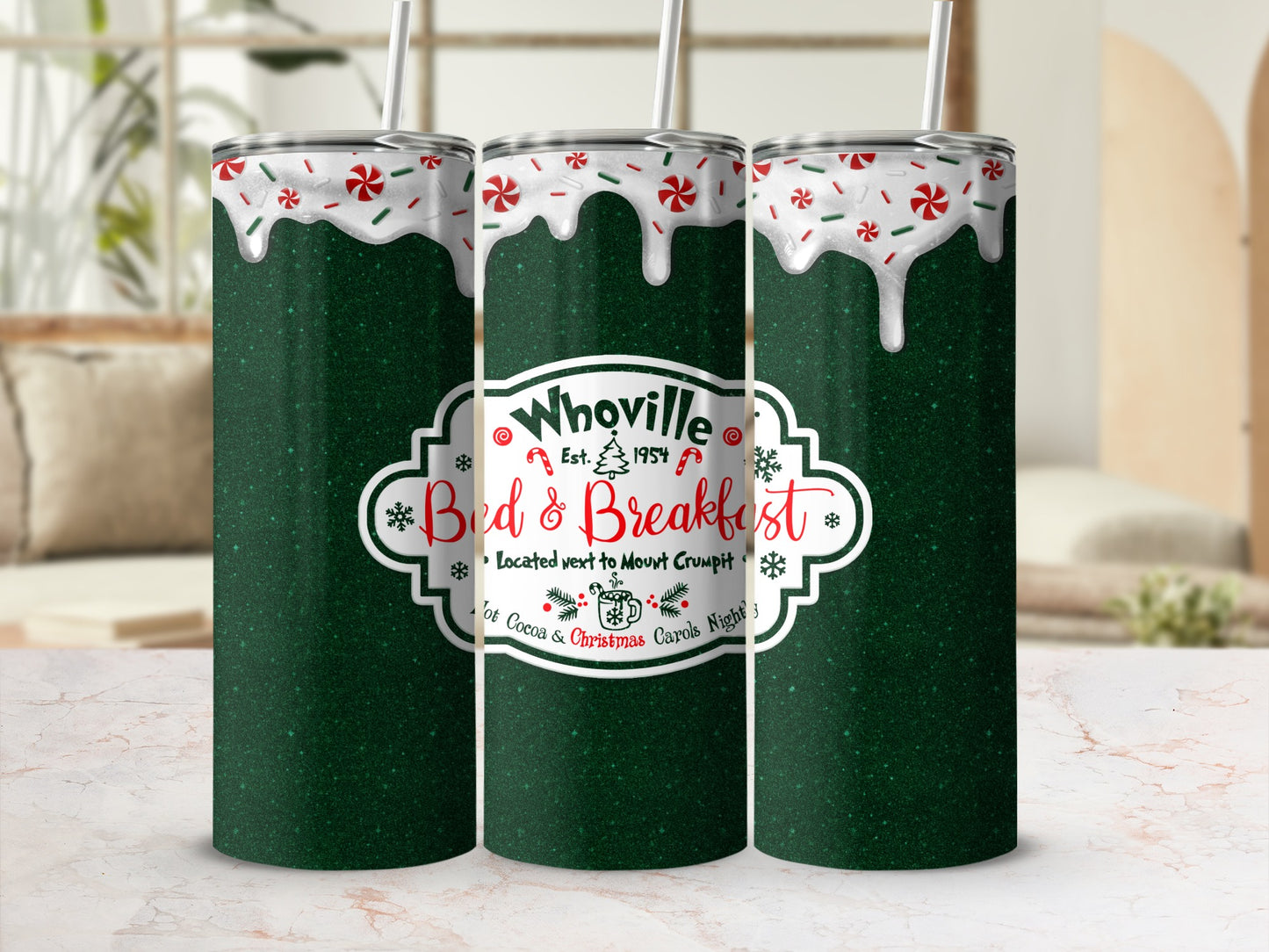 Whoville Bed & Breakfast tumbler with peppermint drips and glitter.