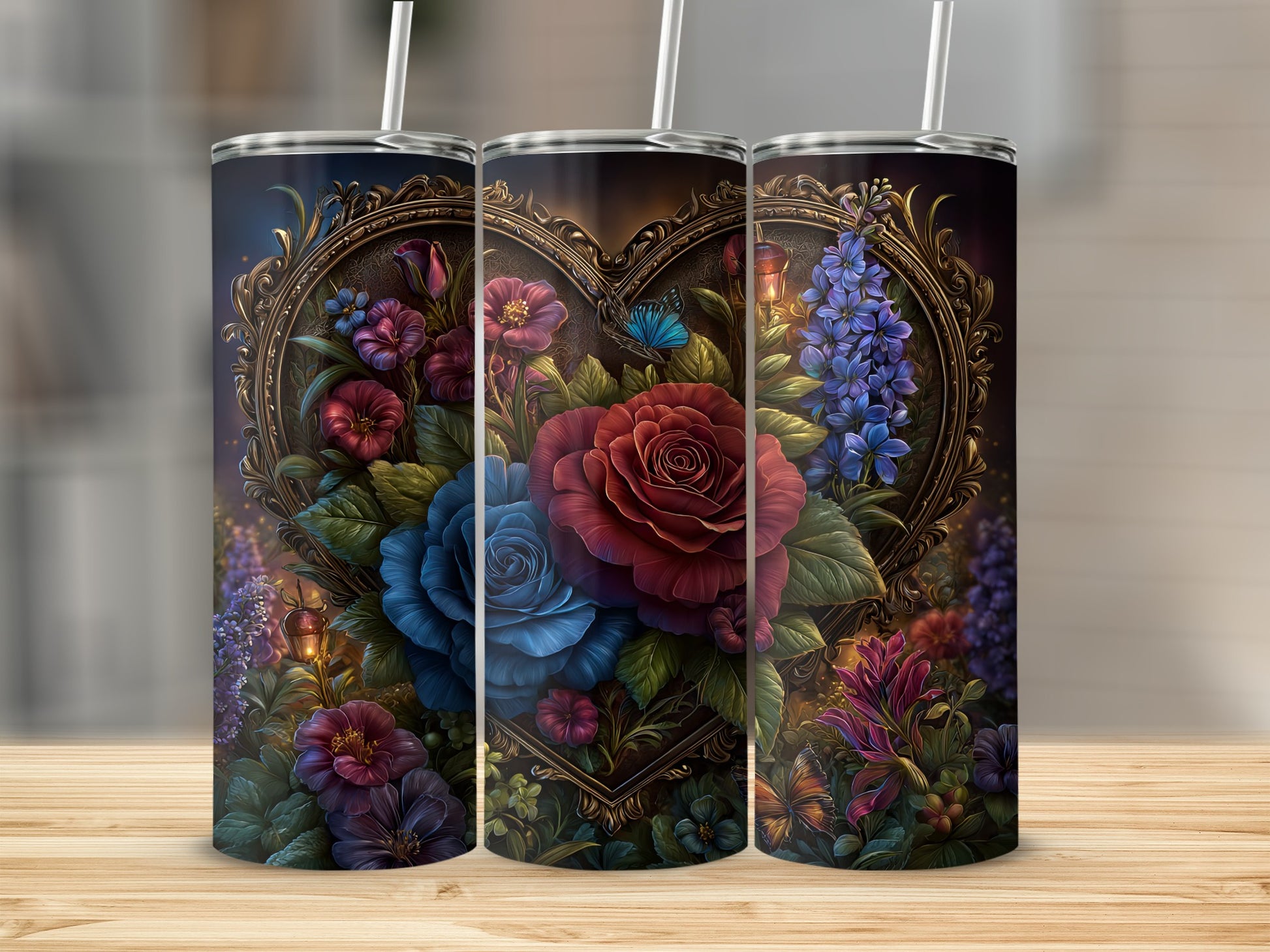 Heart Frame with Colorful Roses and Flowers Tumbler