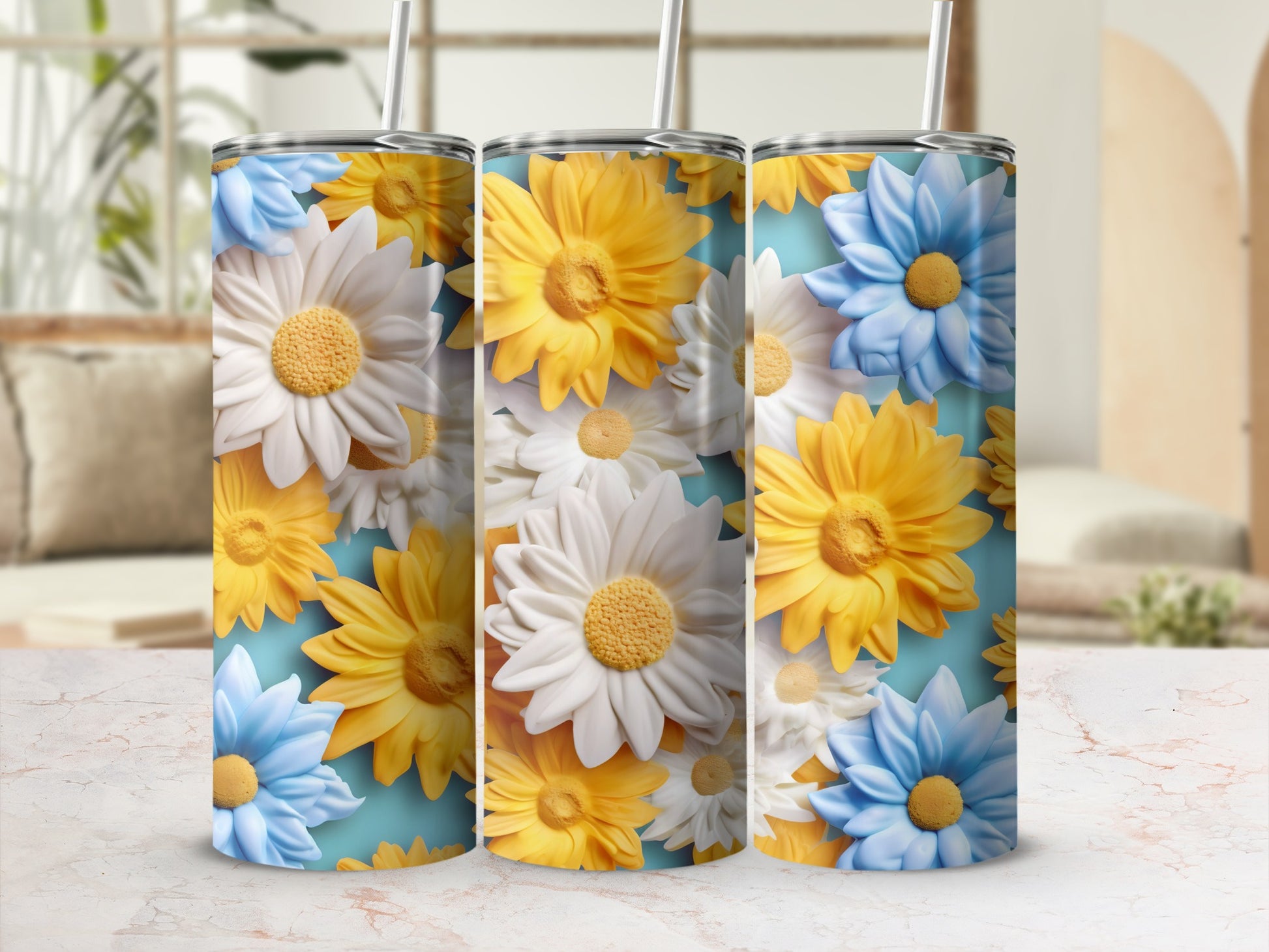 Colorful Floral Print Tumblers with Daisy Design