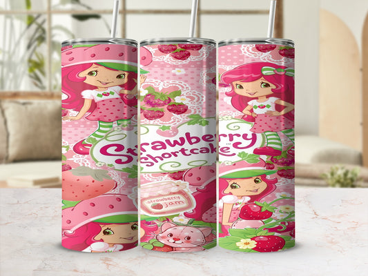 Strawberry Shortcake tumbler with strawberries, jam, and pink polka dots.