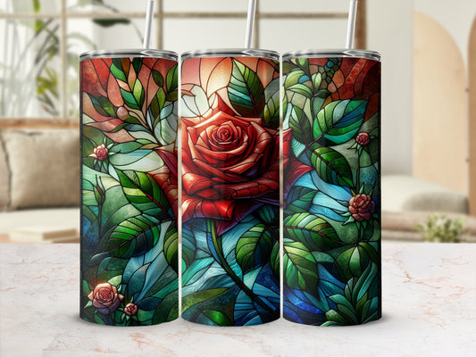 Three stained glass tumblers featuring a red rose and green foliage.