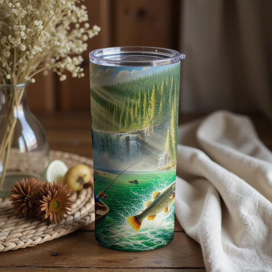 Scenic Fishing Adventure Tumbler with Waterfall Design
