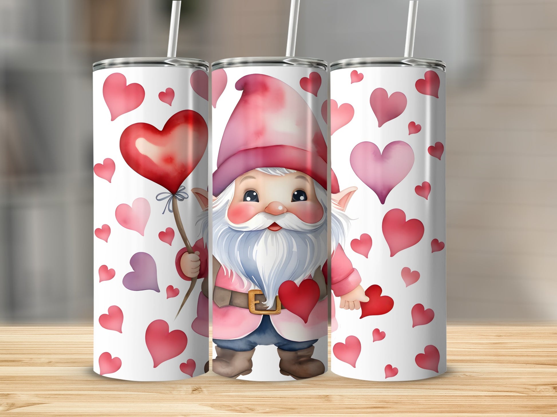 Gnome holding heart balloon with pink hearts pattern.