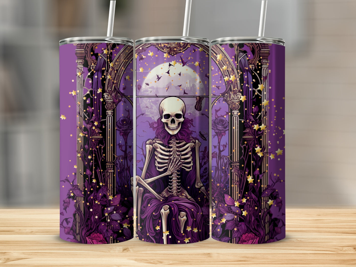 Purple Gothic Skeleton with Stars Tumbler Design