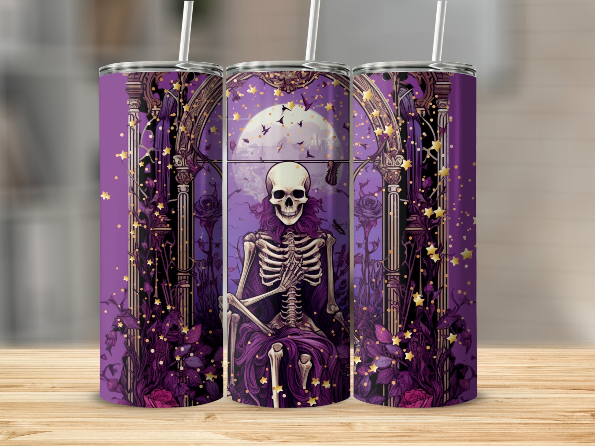 Purple Gothic Skeleton with Stars Tumbler Design