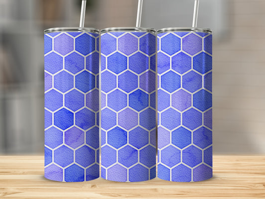Three tumblers with a blue and purple watercolor hexagon pattern.
