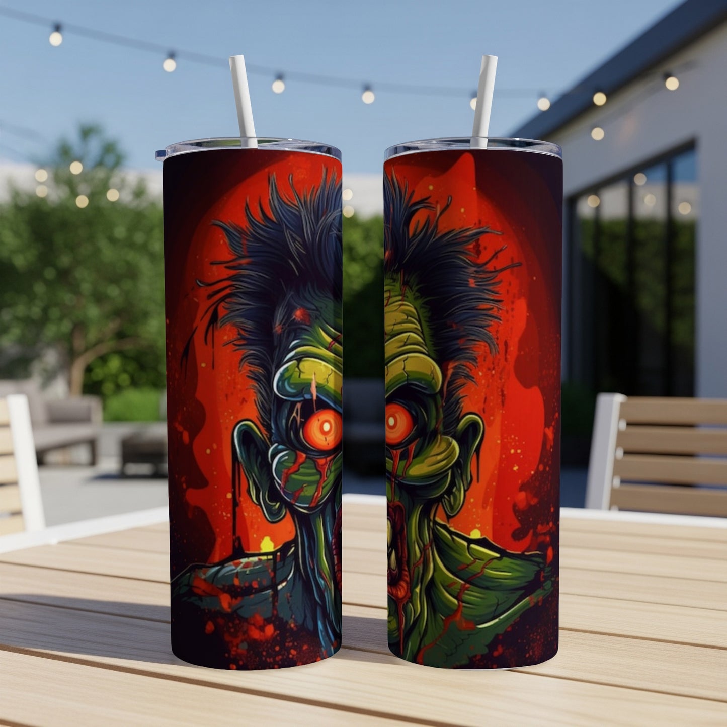 Two tumblers with a scary zombie face design and red background.