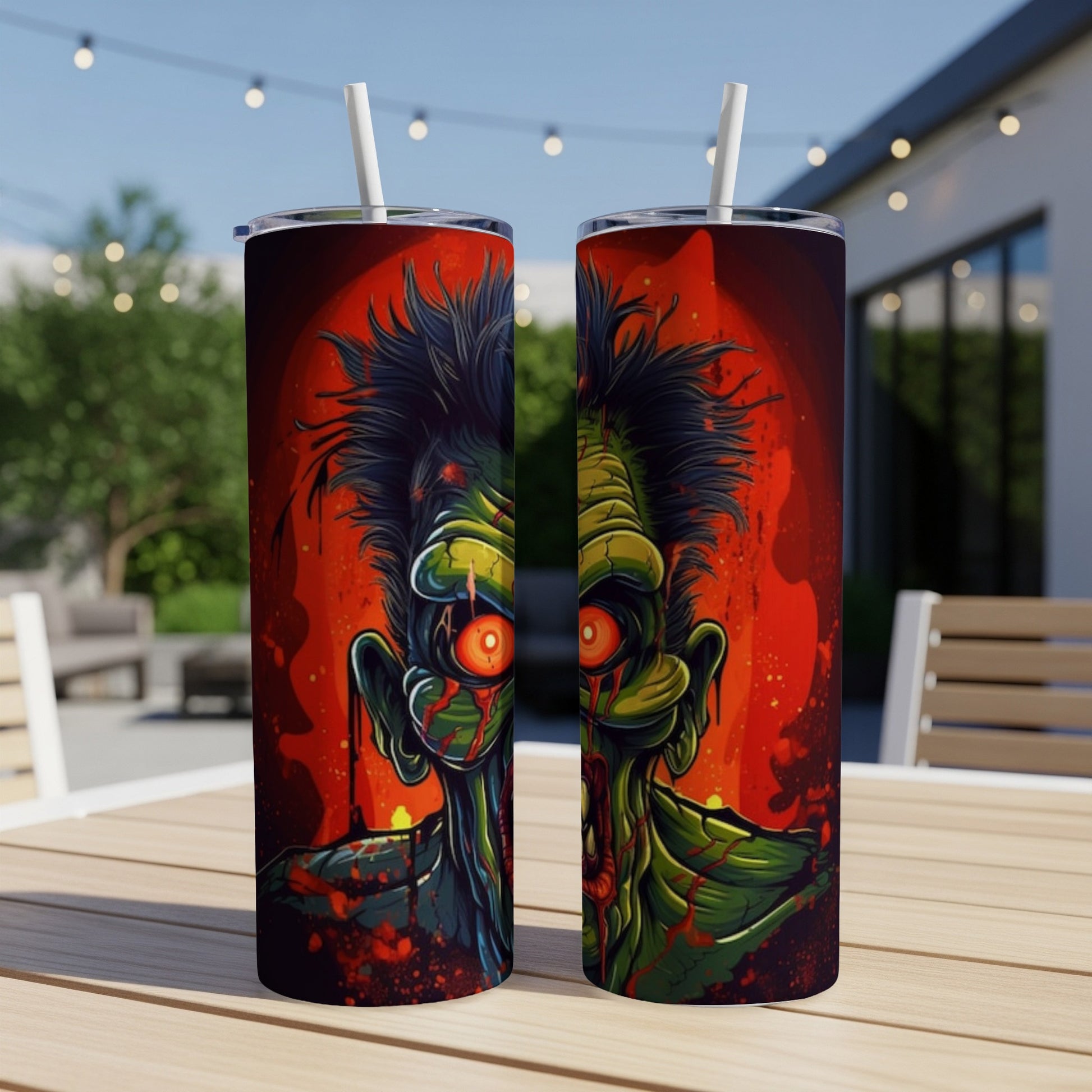Two tumblers with a scary zombie face design and red background.
