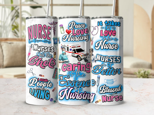 Nurse-themed tumbler with medical symbols and inspirational text.