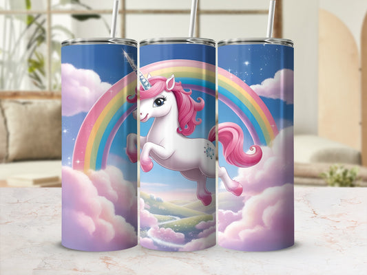 Rainbow unicorn leaping through clouds, digital art tumbler design.