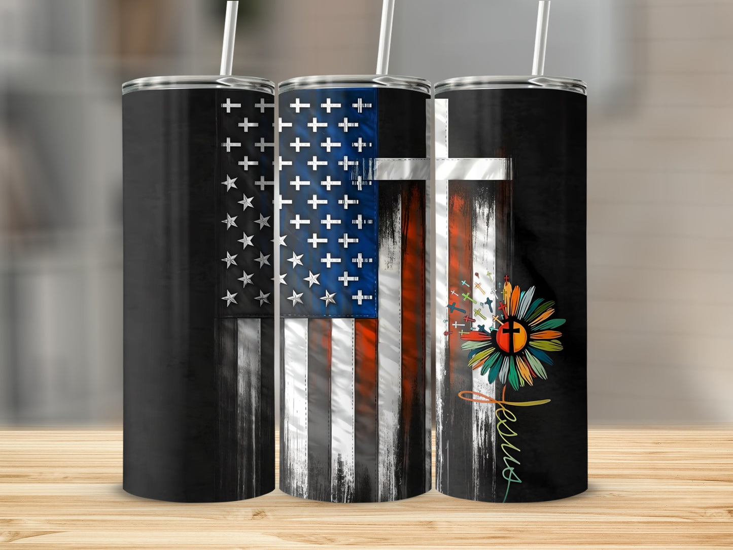American Flag Cross Flower Design Tumbler Product