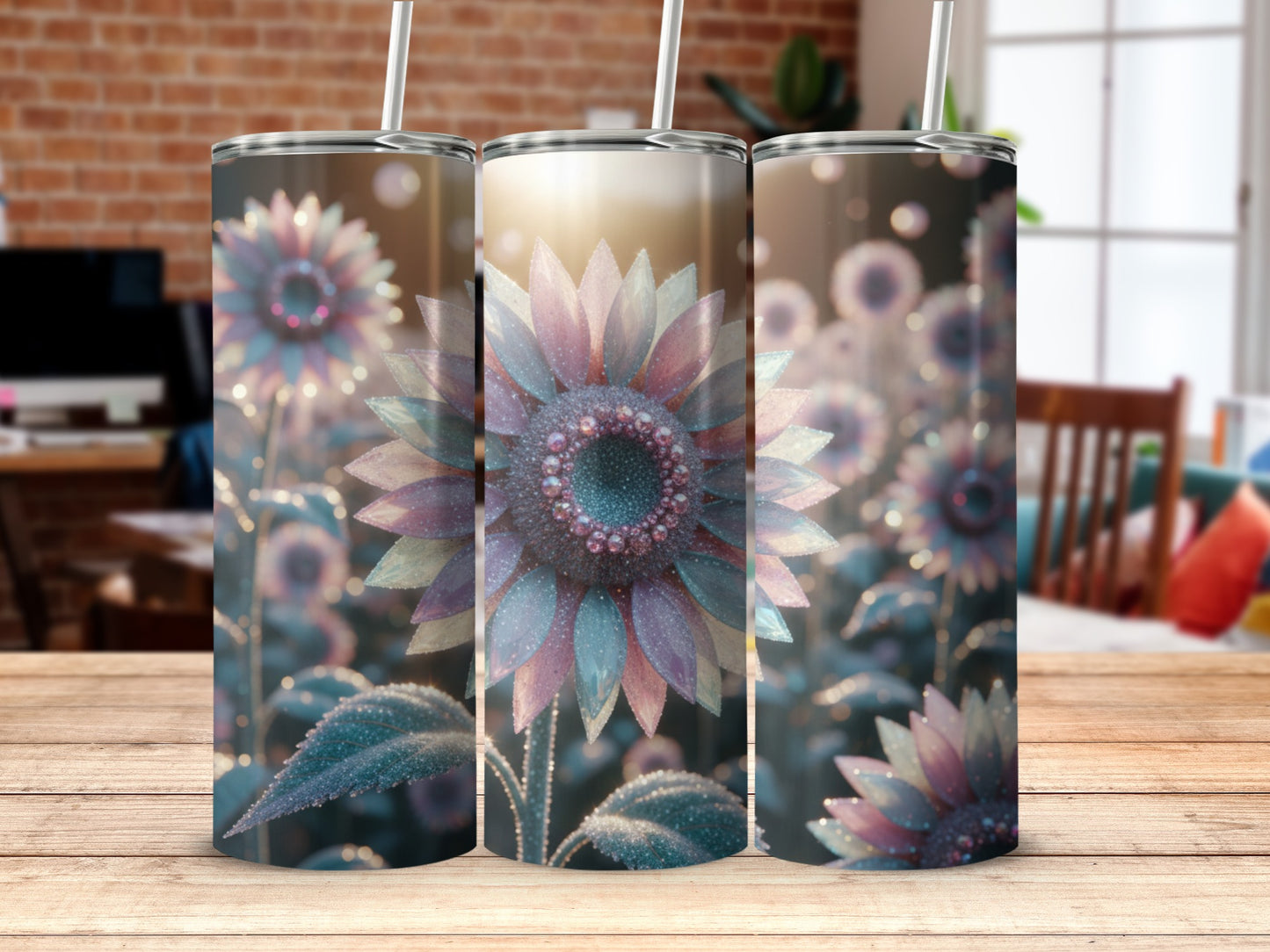 Sparkling Sunflower Design Stainless Tumbler Cups