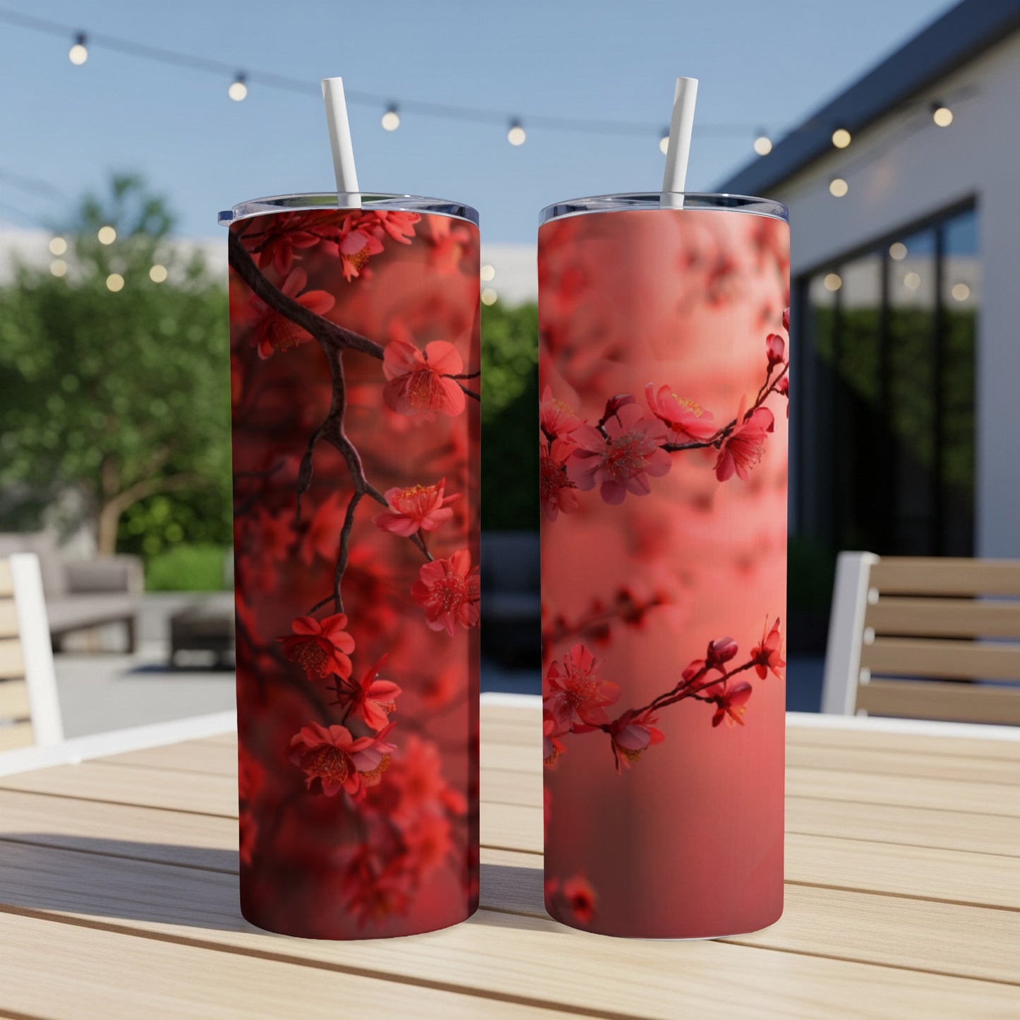 Two red cherry blossom tumblers with straws on a table.